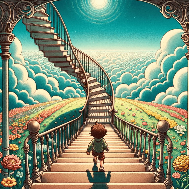 Illustratie uit Mindfulness & meditatie voor kinderen: een kind loopt een magische trap af door de wolken