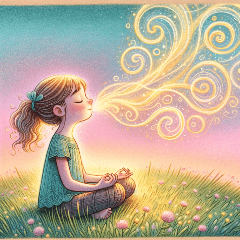 Illustratie uit Mindfulness & meditatie voor kinderen: een meisje ademt rustig uit, met gouden krullen van adem