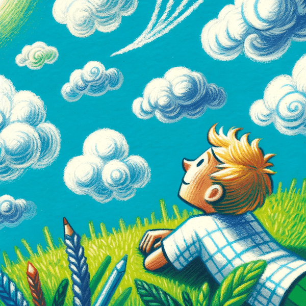 Illustratie: een kind ligt in het gras en kijkt naar drijvende wolken