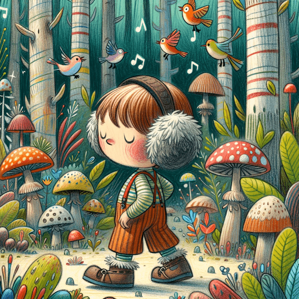 Kind met koptelefoon luistert rustig in het bos – illustratie van Koekoek Kinderboek