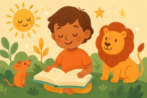Illustratie bij kinderboeken over zelfvertrouwen met een warm leesmoment voor kinderen