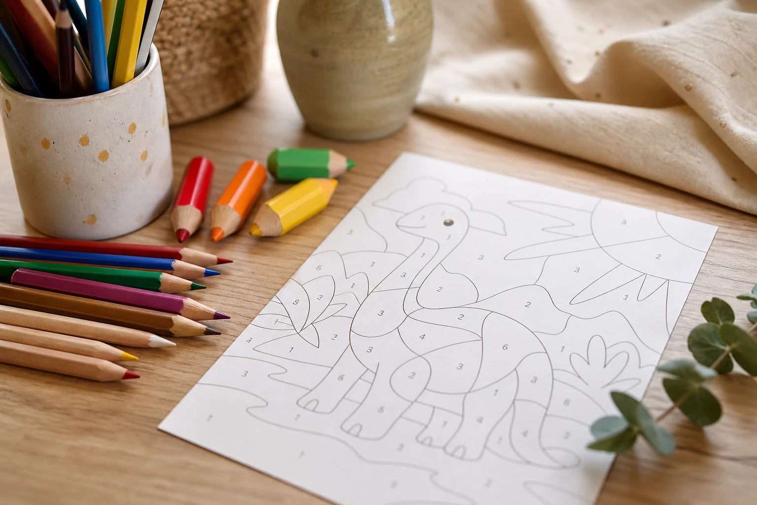 Kleurpotloden in verschillende diktes naast een kleuren op nummer dinosaurus-tekening