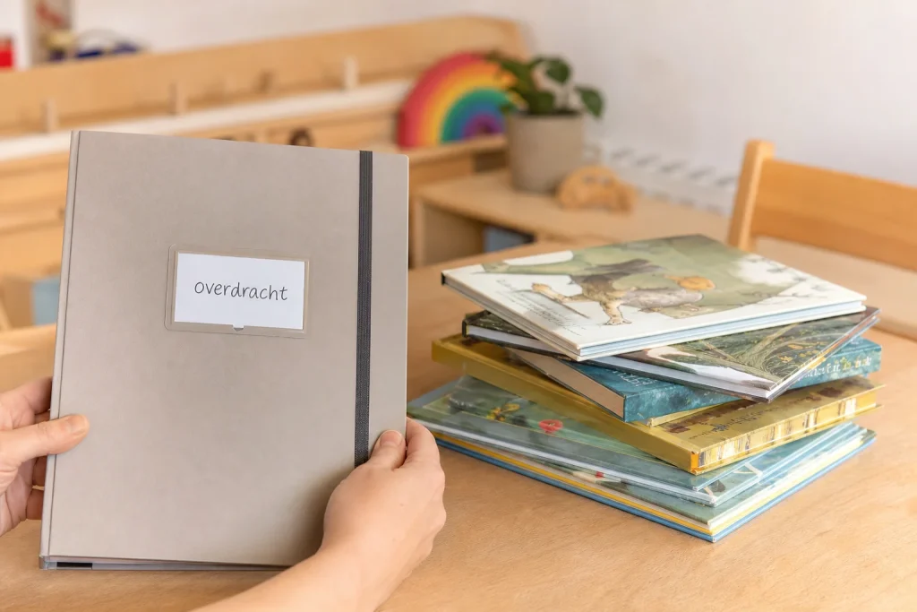Overdrachtschriftje en kinderboeken als hulpmiddel om af te stemmen tussen thuis en school bij opvoeden is teamsport.