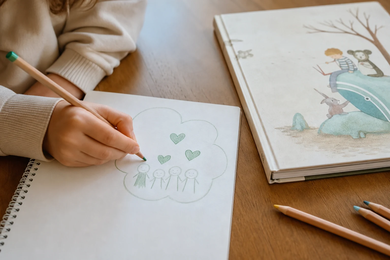 Eenvoudige teamafspraken op papier naast een kinderboek bij opvoeden is teamsport.