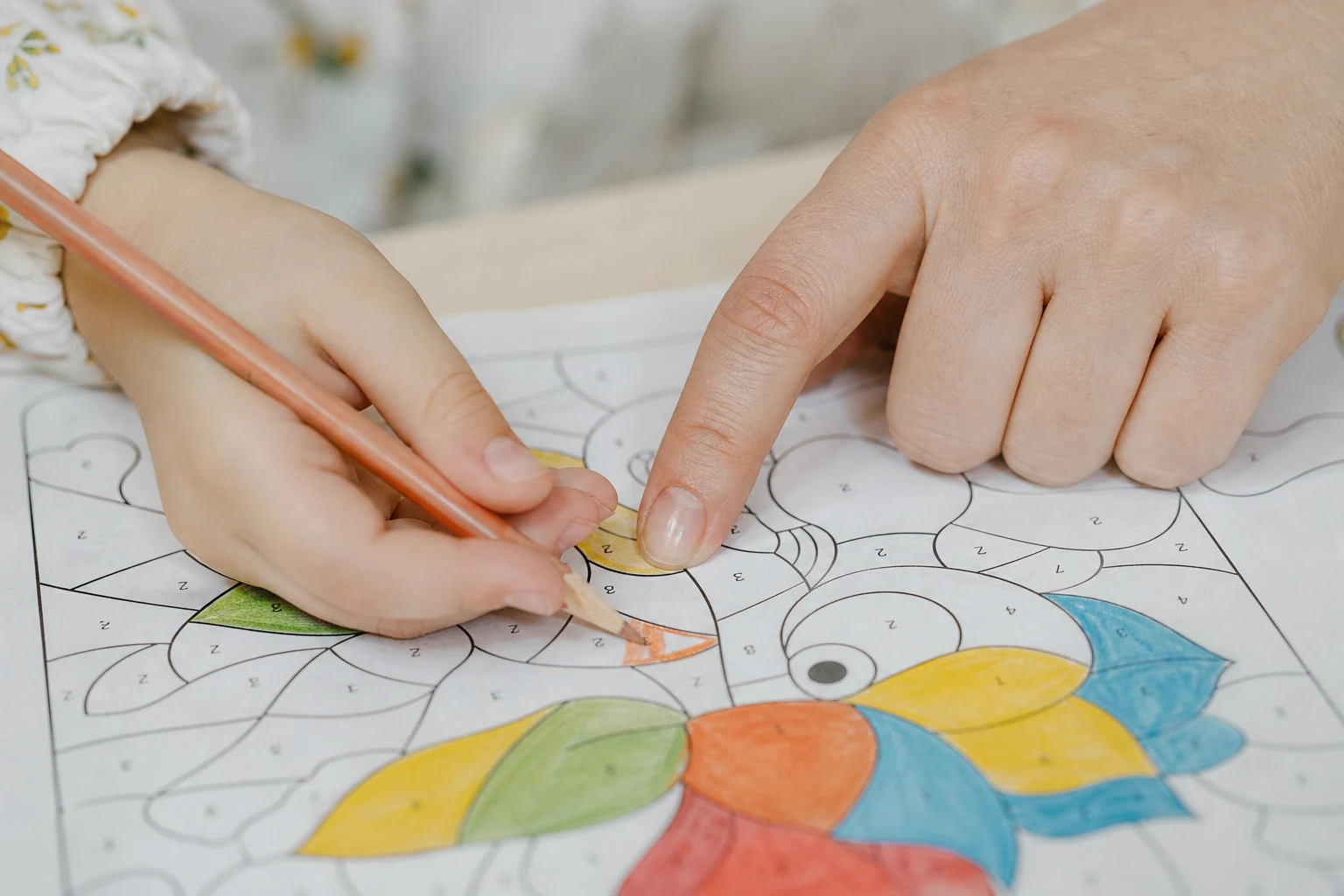 Samen kleuren op nummer: een volwassene helpt een kind een vakje te kleuren