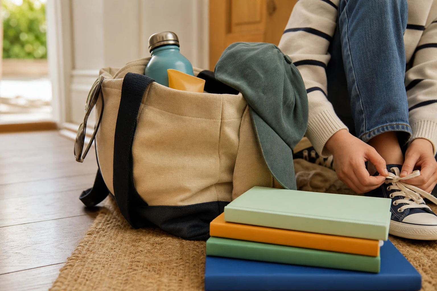 Vakantietas met een klein stapeltje kinderboeken klaar voor de zomervakantie bij kinderboeken zomervakantie.