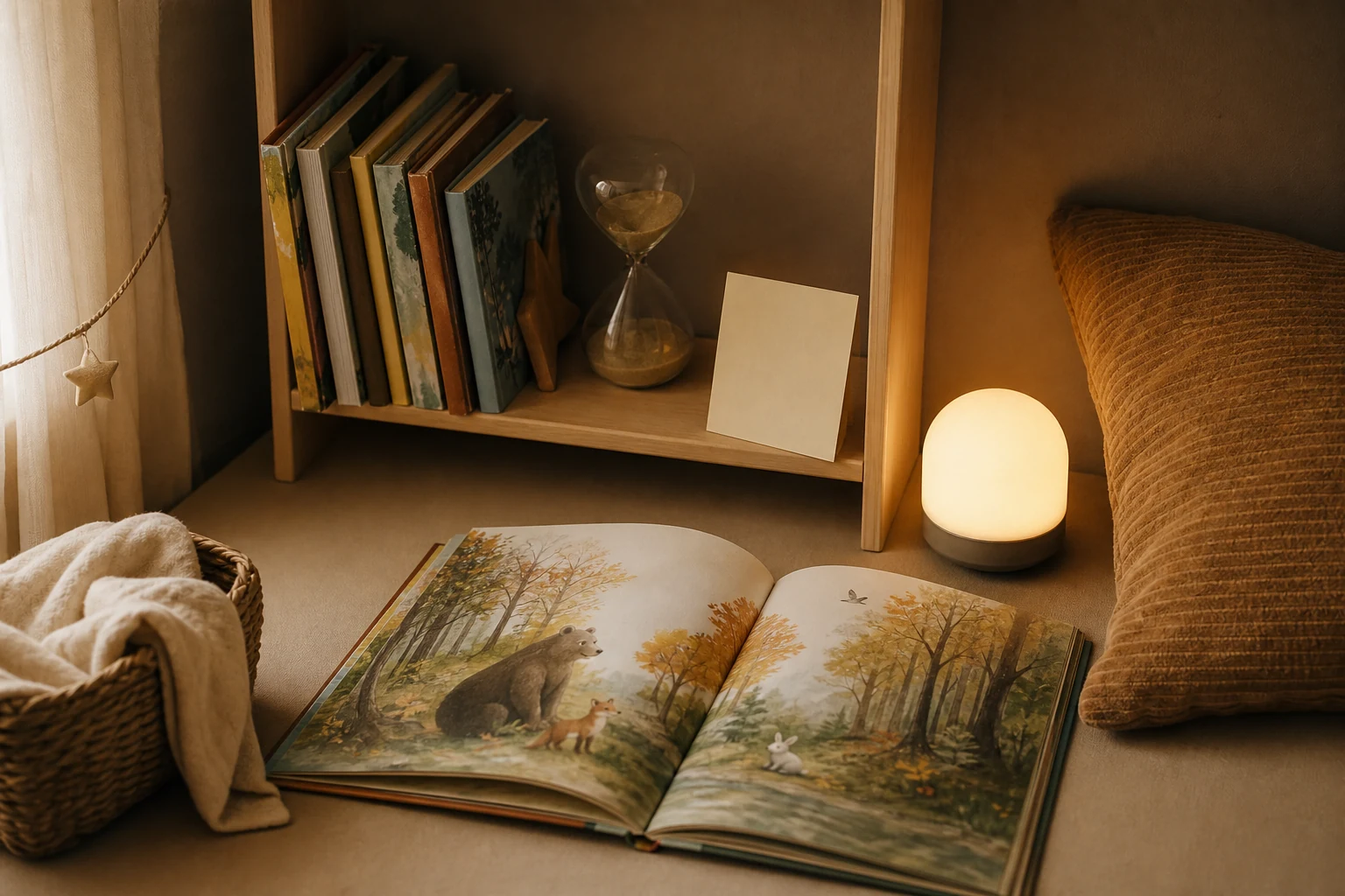 Rustige boekenhoek met kinderboeken als inspiratie om een passende titel over gevoelens te kiezen bij kinderboeken over emoties en gevoelens.