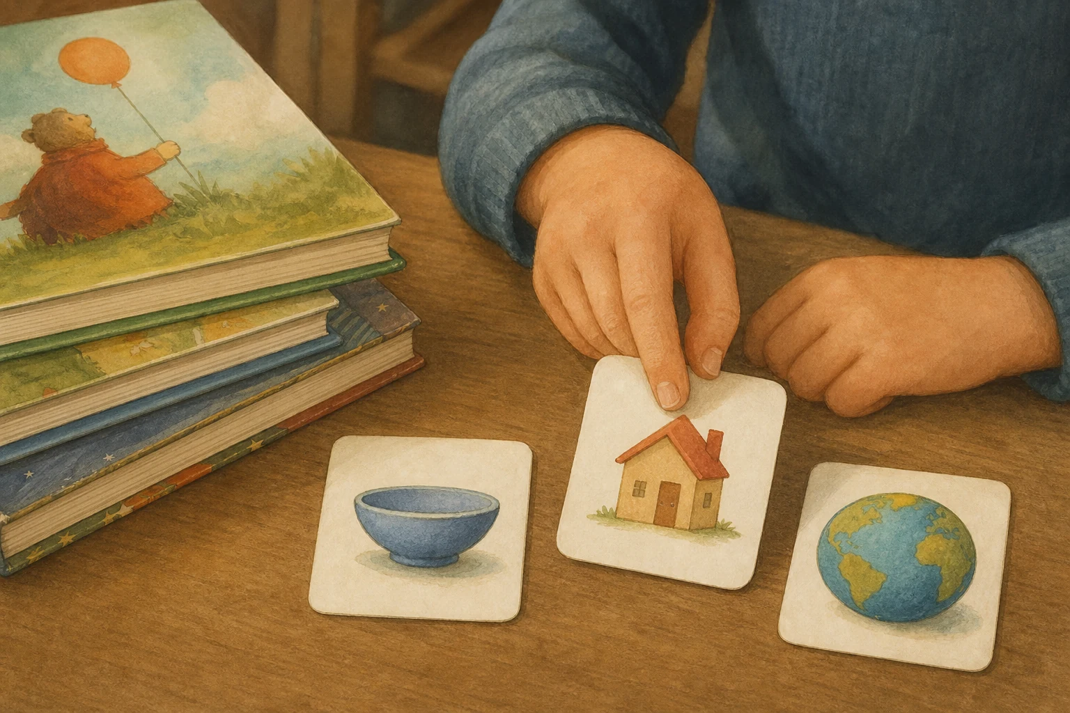 Kaartjes met pictogrammen naast kinderboeken als startpunt voor een gesprek over regels en eerlijkheid bij kinderboeken over politiek.