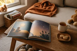 Open kinderboek in rustige huiskamer setting als uitnodiging om samen over gevoelens te lezen bij kinderboeken over emoties en gevoelens.