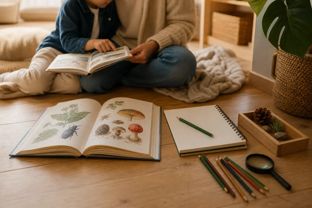 Samen lezen over politiek: een volwassene en kind bekijken een open kinderboek aan tafel bij kinderboeken over politiek.