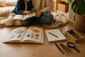 Samen lezen over politiek: een volwassene en kind bekijken een open kinderboek aan tafel bij kinderboeken over politiek.