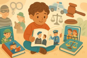 Illustratie bij kinderboeken over recht, politie & misdaad met een warm leesmoment voor kinderen
