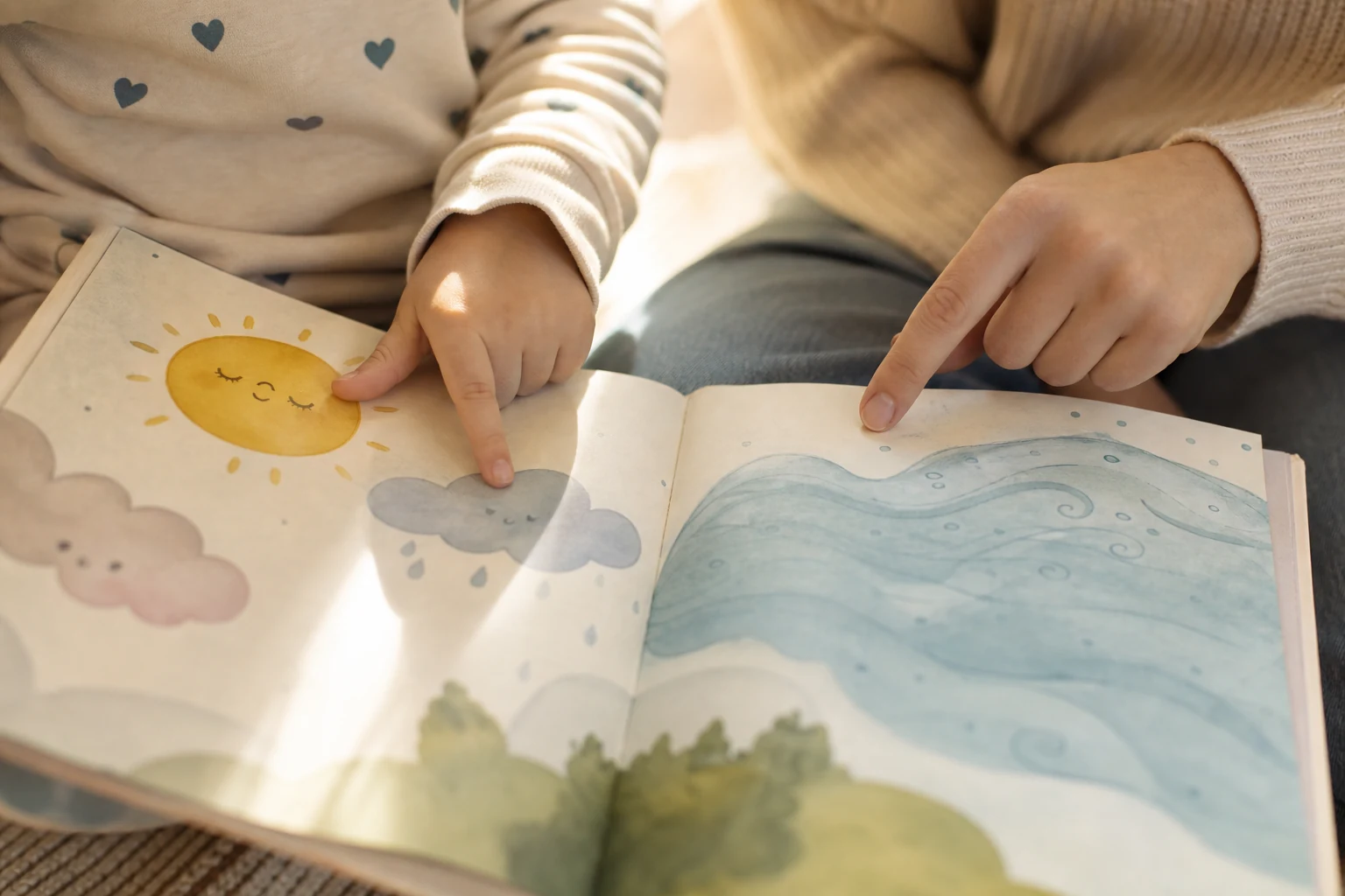 Volwassene en kind bekijken samen een prentenboek en wijzen emoties aan bij kinderboeken over emoties en gevoelens.
