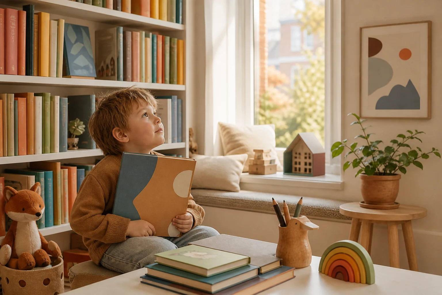 Kind kleurt na schooltijd naast een kinderboek aan tafel bij kinderboek eerste schooldag.