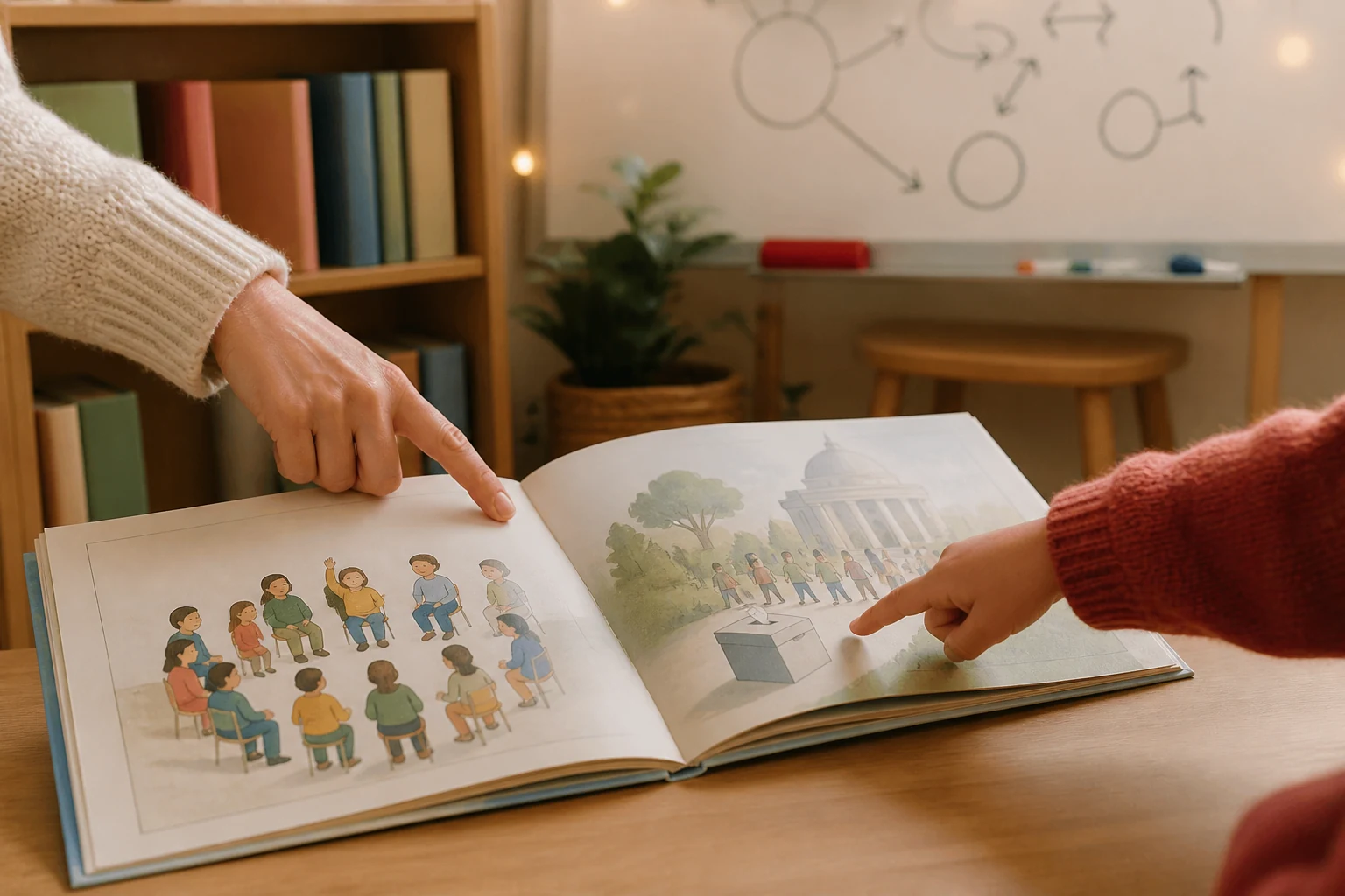 Voorlezen en uitleggen uit een kinderboek over regels en keuzes in de klas bij kinderboeken over politiek en democratie 2026.
