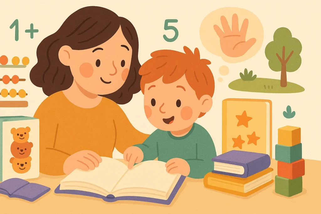Illustratie bij kinderboeken over rekenen met een warm leesmoment voor kinderen