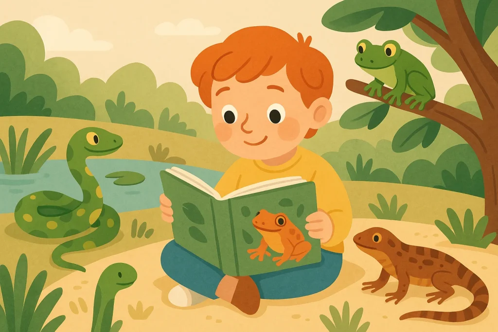 Illustratie bij kinderboeken over reptielen en amfibieën met een warm leesmoment voor kinderen