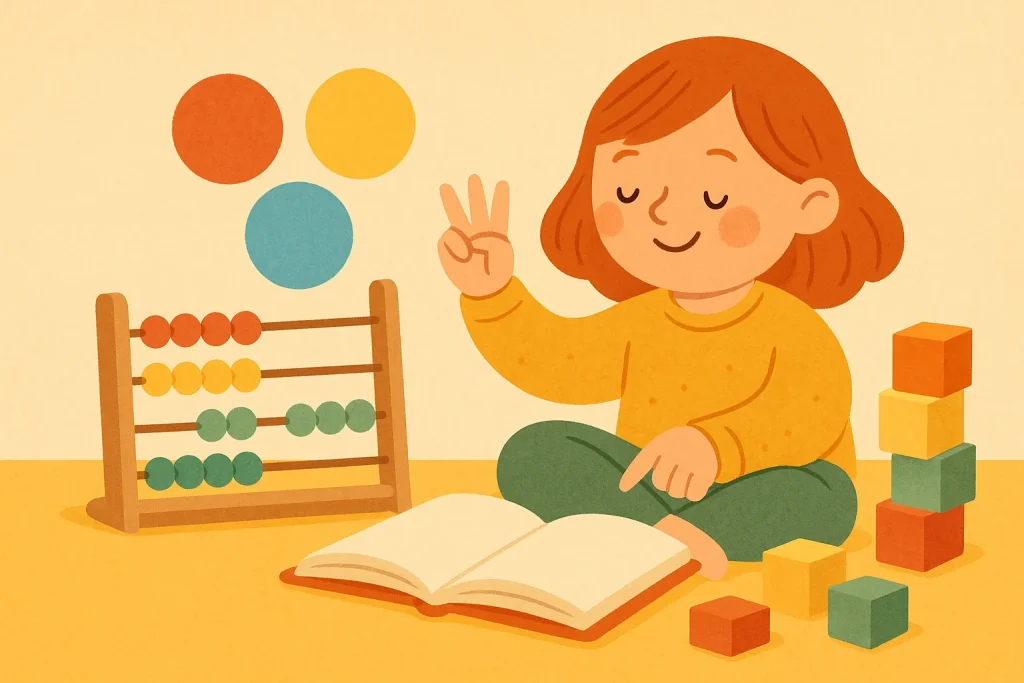 Illustratie bij kinderboeken over speels rekenen en getalgevoel 2026 met een warm leesmoment voor kinderen