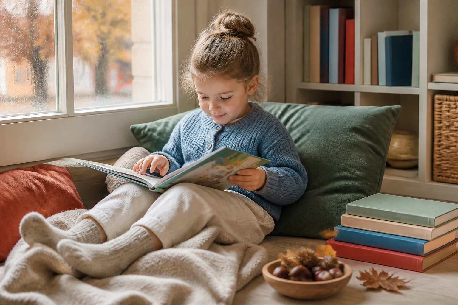 Leeshoek met kussens, deken en herfstschatten naast een stapeltje prentenboeken bij prentenboeken voor een regenachtige herfstdag 2026.