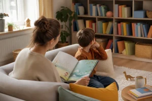 Ouder en kind op de bank met een open kinderboek, rustig leesmoment zonder druk bij mijn kind wil niet lezen.