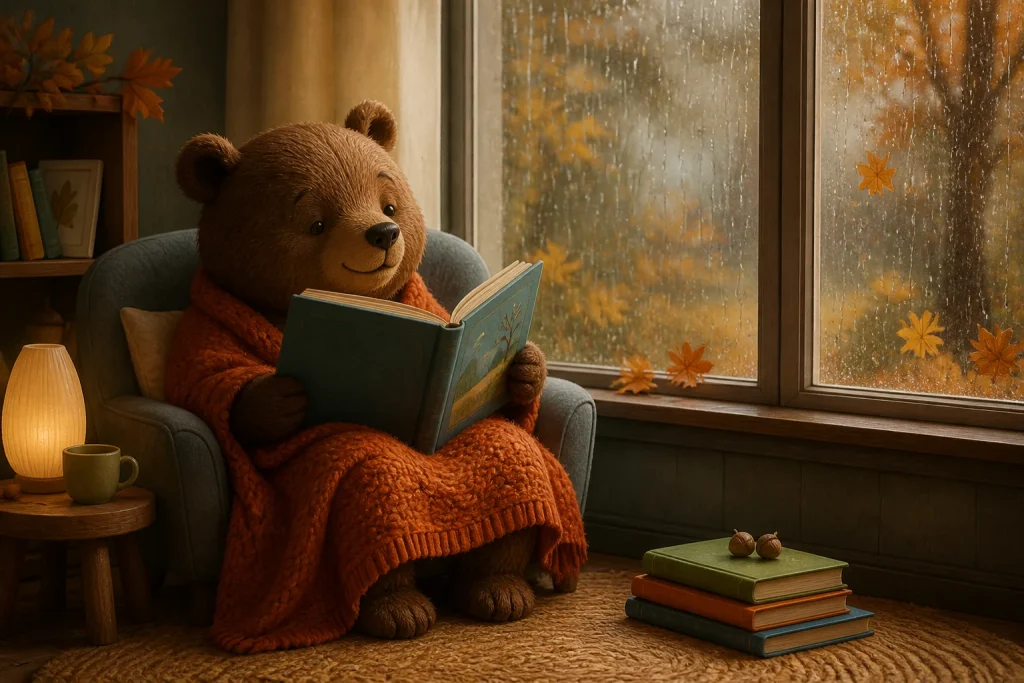 Open prentenboek op tafel met thee en herfstbladeren terwijl regen tegen het raam tikt bij prentenboeken voor een regenachtige herfstdag 2026.