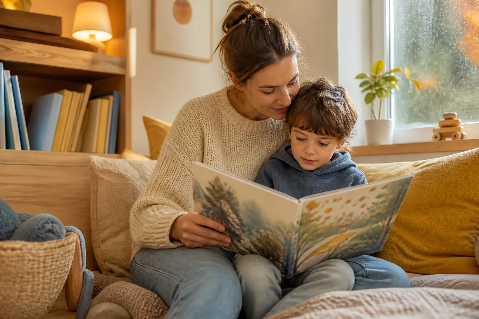 Voorleesmoment met prentenboek op een regenachtige middag, close-up van pagina’s en handen bij prentenboeken voor een regenachtige herfstdag 2026.
