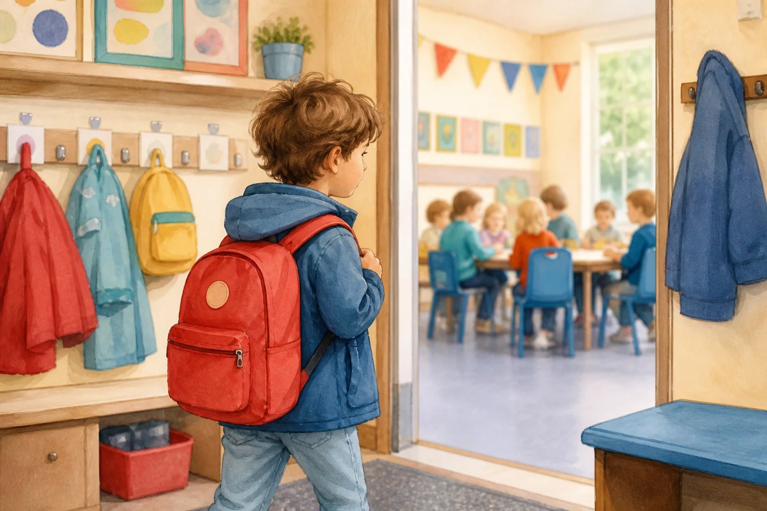 Kind wijst tijdens het voorlezen naar een prentenboek over naar school gaan bij kinderboek eerste schooldag.