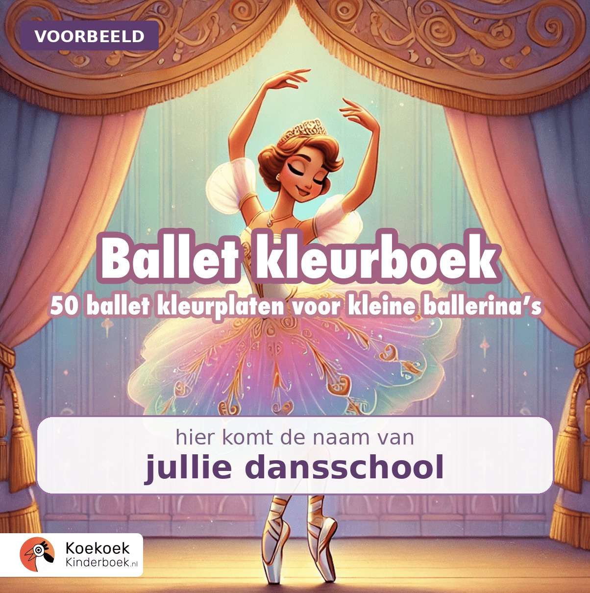 Voorbeeld van een eigen editie: het Ballet Kleurboek met de naam van de dansschool op de voorkant