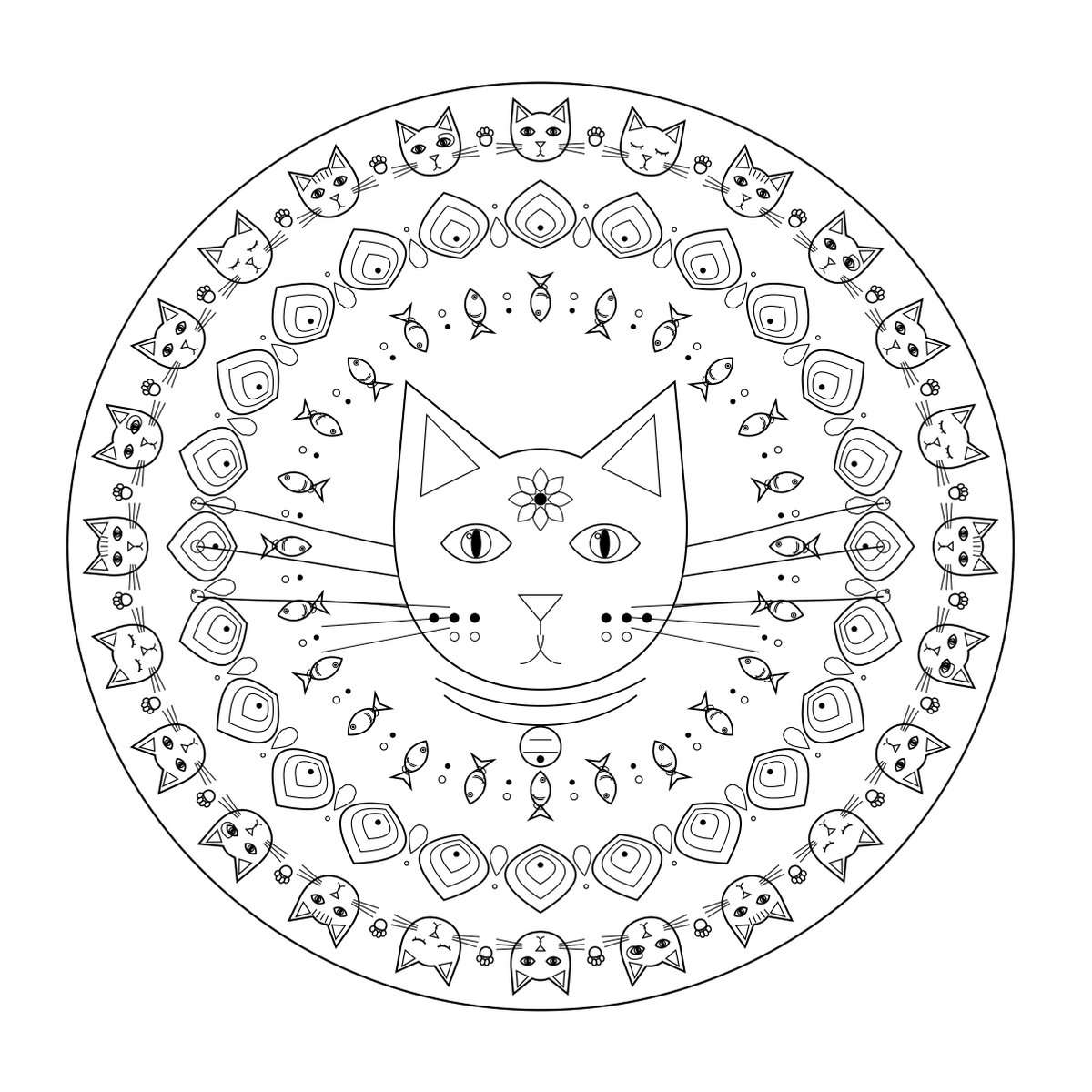 Katten mandala kleurboek voor volwassenen – kattenkop-mandala kleurplaat