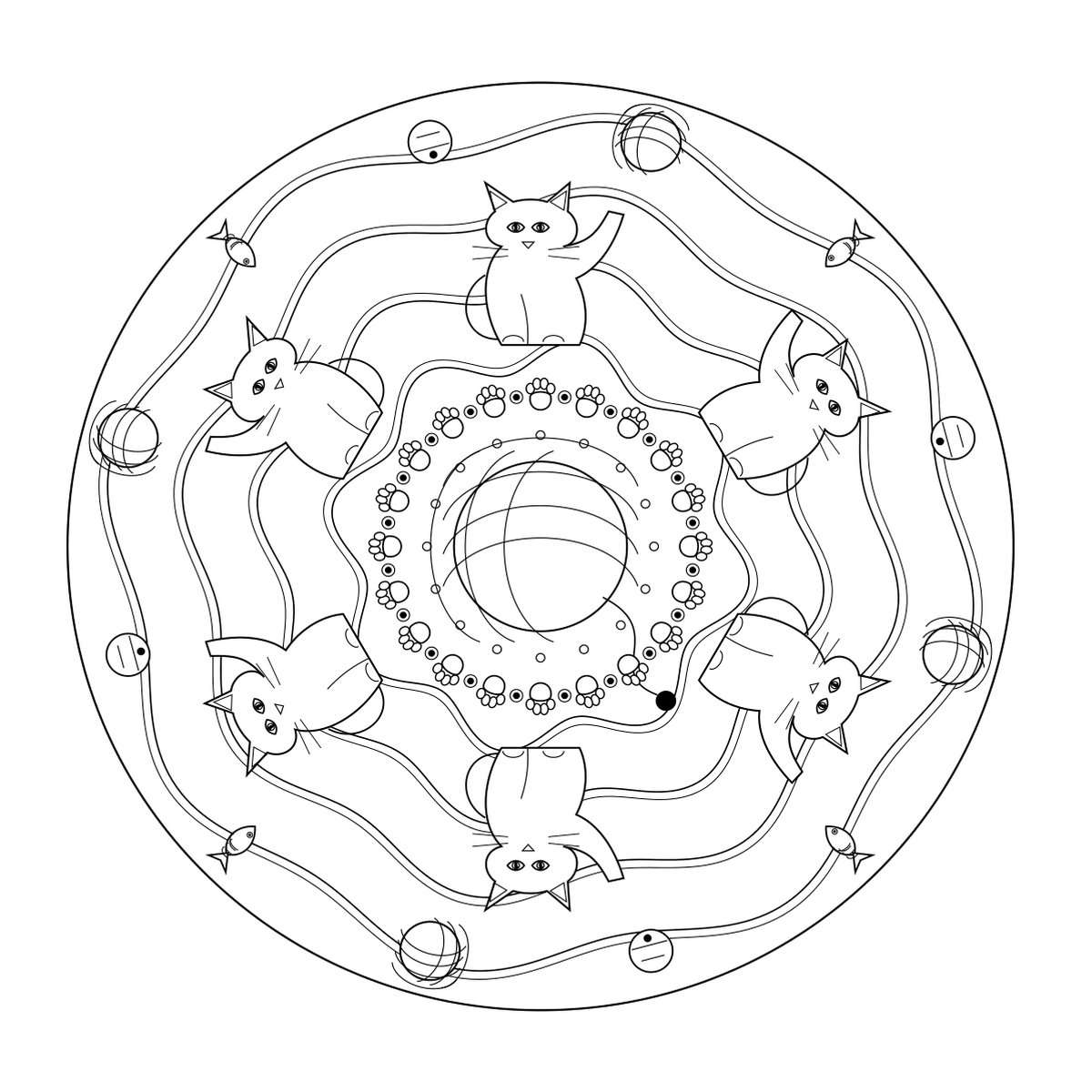 Katten mandala kleurboek voor volwassenen – kittens met kluwen kleurplaat
