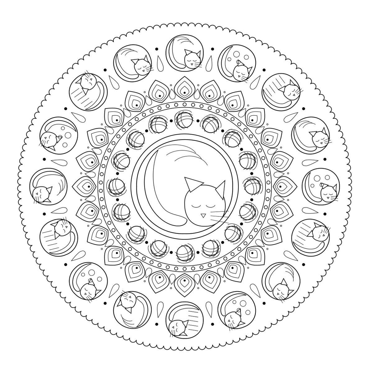 Katten mandala kleurboek voor volwassenen – slapende kat mandala kleurplaat
