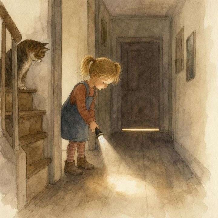 Aquarel uit een gepersonaliseerd kinderboek van Koekoek over bang zijn in het donker