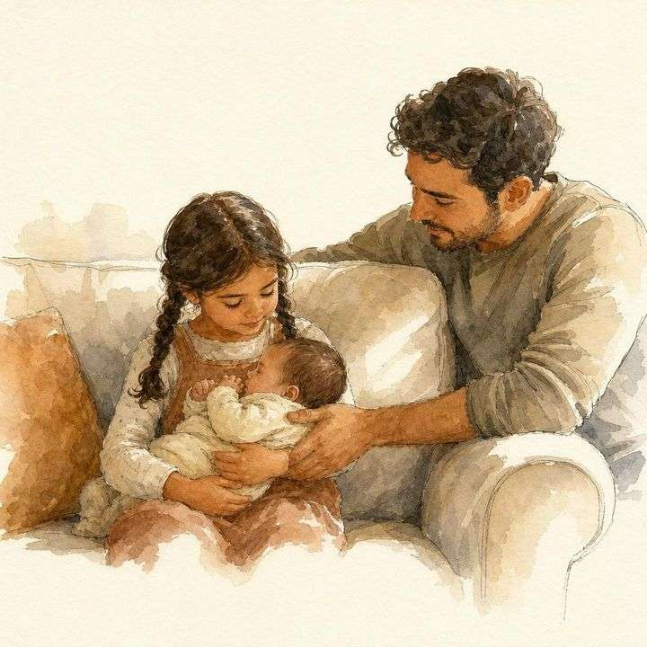 Aquarel uit een gepersonaliseerd kinderboek van Koekoek over grote broer of zus worden