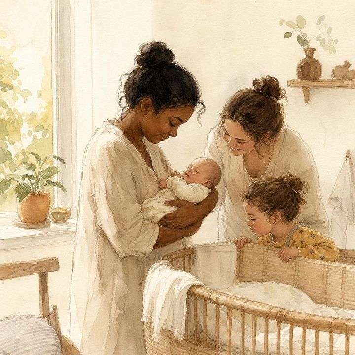 Aquarel van een moeder met een pasgeboren baby en een grote zus bij de wieg, uit een gepersonaliseerd kinderboek van Koekoek