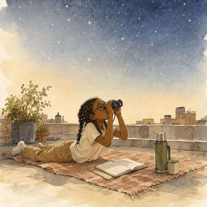 Aquarel van een meisje dat met een verrekijker naar de sterren kijkt, uit een gepersonaliseerd kinderboek van Koekoek