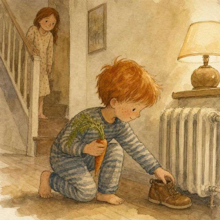 Aquarel van een kind met een wortel bij de verwarming, klaar voor de schoen van Sinterklaas, uit een gepersonaliseerd kinderboek van Koekoek