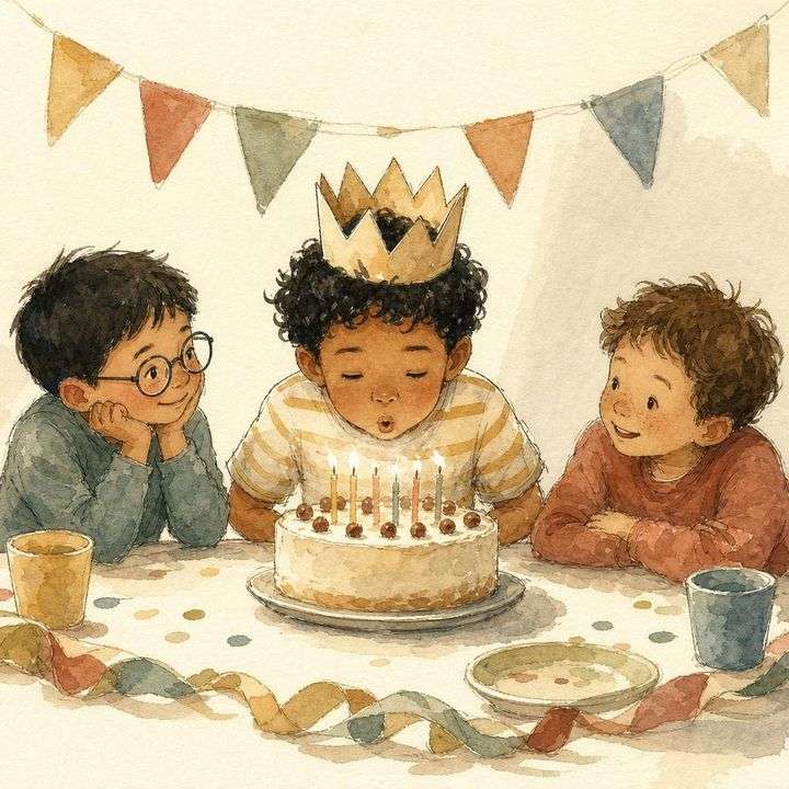 Aquarel van een jarig kind met een kroon en een taart met kaarsjes, uit een gepersonaliseerd kinderboek van Koekoek