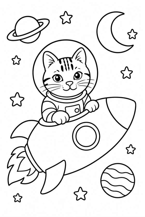 Kleurplaat van een tabbykat als astronaut in een raket tussen sterren en planeten