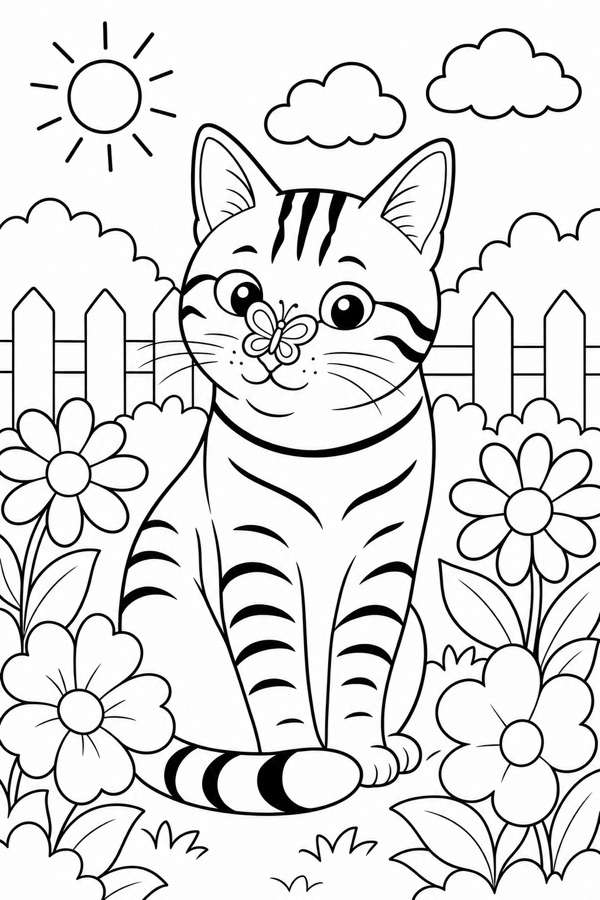 Kleurplaat van een tabbykat in een tuin met bloemen en een vlinder op zijn neus