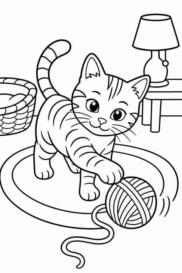 Kleurplaat van een tabbykat die speelt met een bol wol