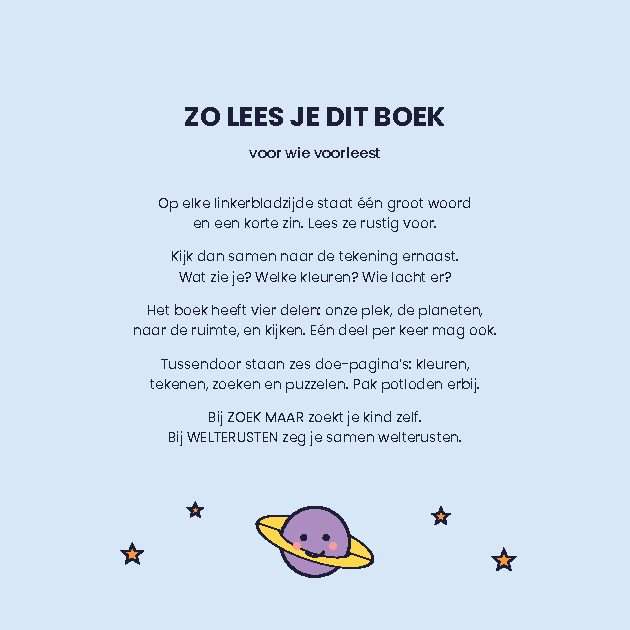 Binnenin Mijn eerste ruimteboekje: de pagina ‘Zo lees je dit boek’ met uitleg voor de voorlezer