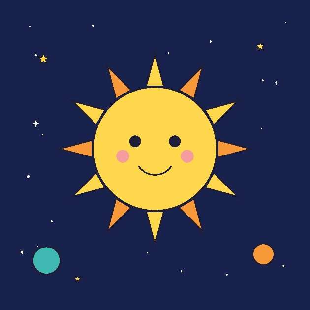 Binnenin Mijn eerste ruimteboekje: een lachende zon in de ruimte met twee planeten