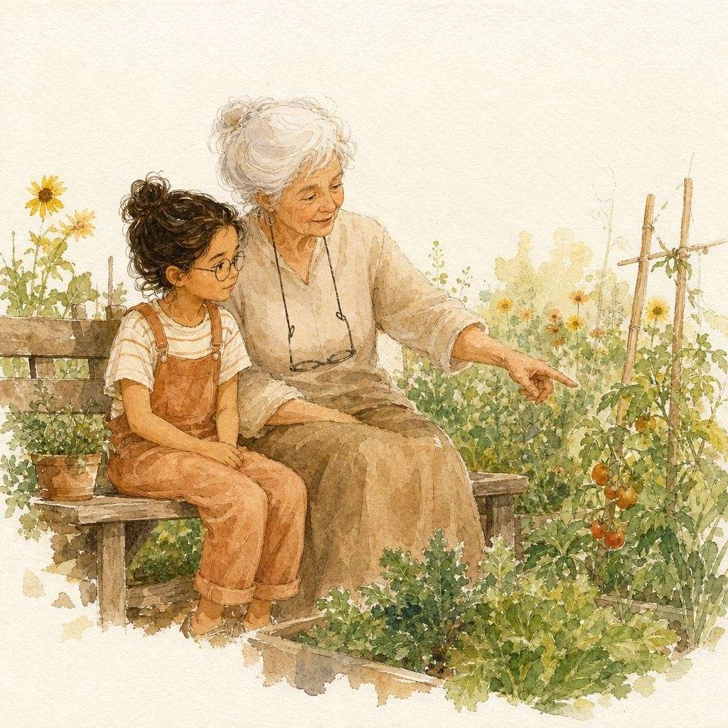 Aquarel van een meisje en haar oma op een tuinbankje, met tomatenplanten en zonnebloemen