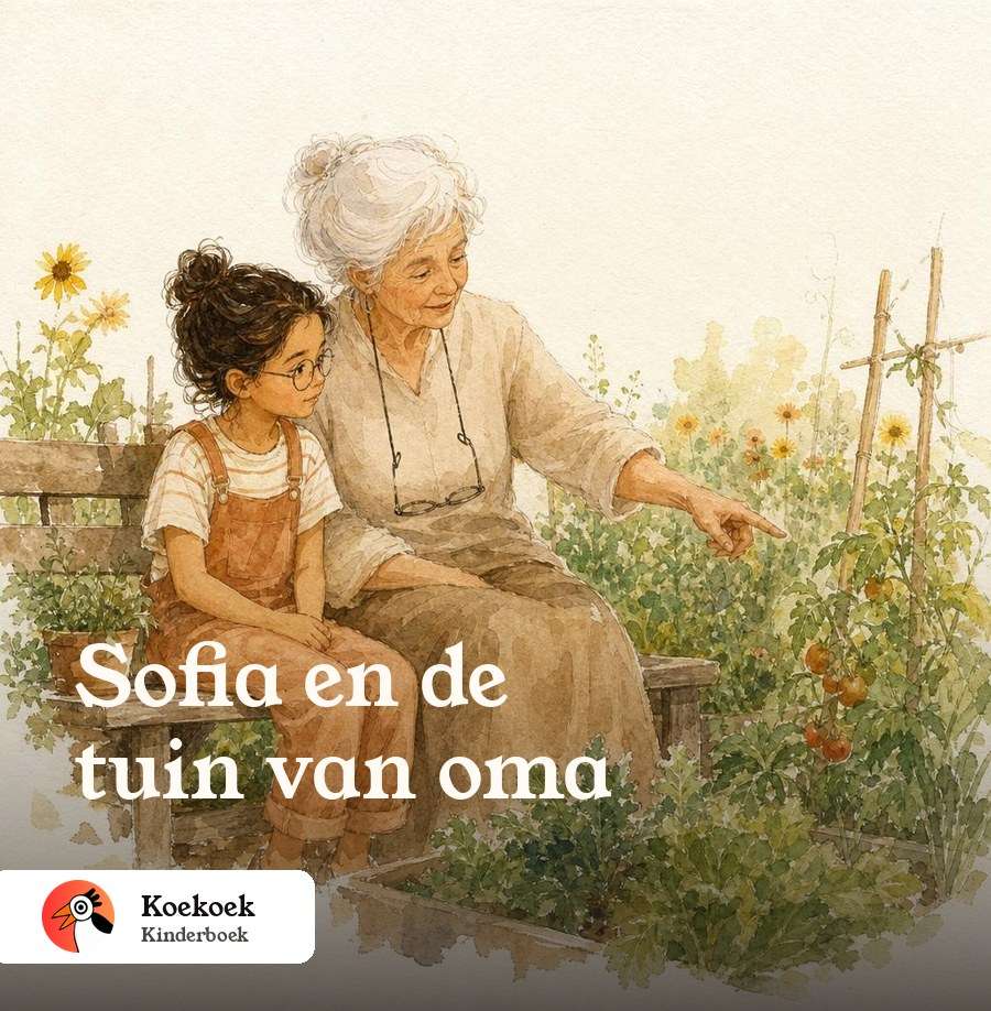 Voorbeeldboek van Koekoek: ‘Sofia en de tuin van oma’, een aquarel van een meisje en haar oma op een bankje in de moestuin