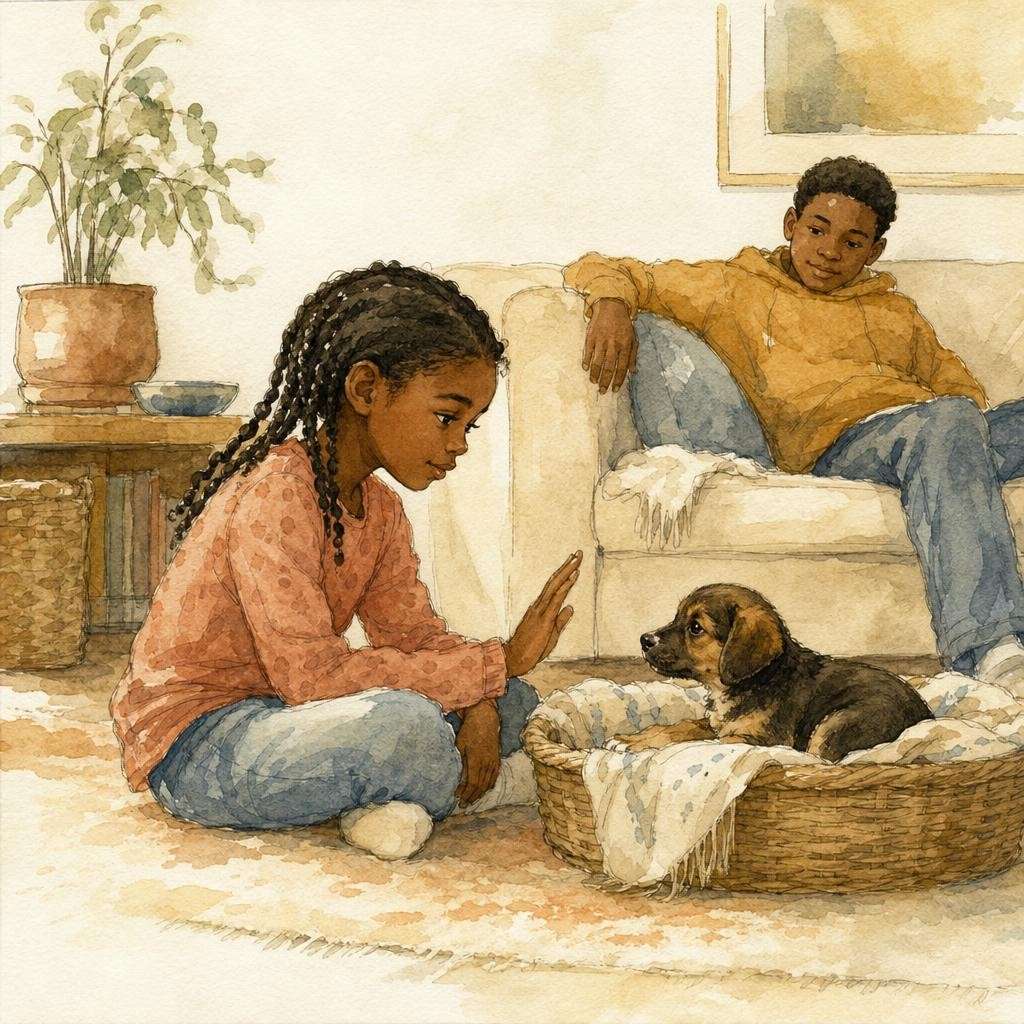 Aquarel van een meisje bij een mand met een puppy, uit een gepersonaliseerd kinderboek van Koekoek over een huisdier erbij
