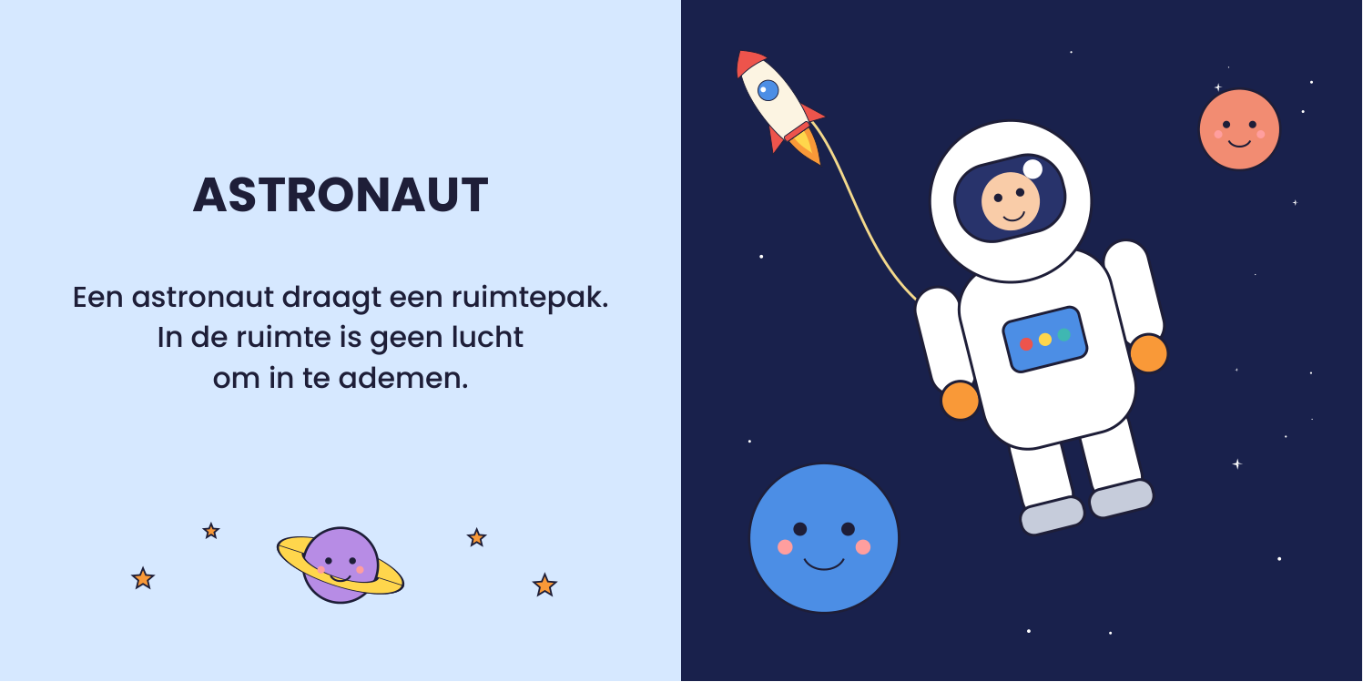 Binnenwerk Mijn eerste ruimteboekje: dubbele pagina over de astronaut