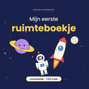 Voorkant van Mijn eerste ruimteboekje met planeet, raket, astronaut en maan