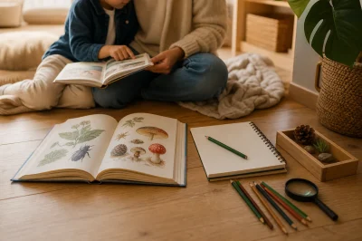 Samen lezen over politiek: een volwassene en kind bekijken een open kinderboek aan tafel bij kinderboeken over politiek.