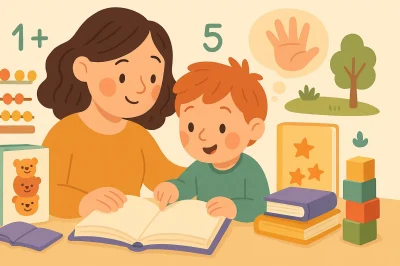 Illustratie bij kinderboeken over rekenen met een warm leesmoment voor kinderen