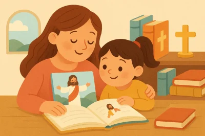Illustratie bij kinderboeken over religie met een warm leesmoment voor kinderen
